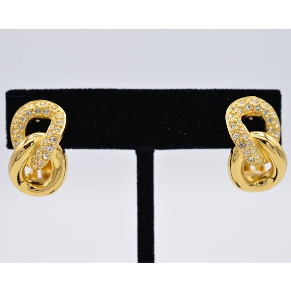 Christian Dior Vintage Crystal Clip On Earrings Linked Gold Signed 1980s BinH - Picture 1 of 12